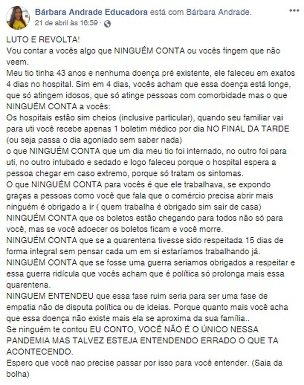 desabafo após tio morrer de coronavírus: era saudável